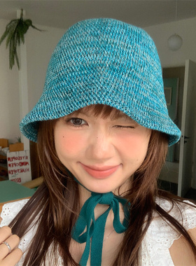 倪妮同款系带蓝绿色渔夫帽透气夏