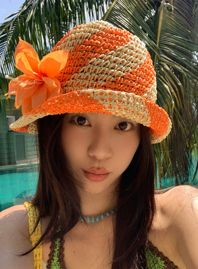 【橘子夏天】自制百合花镂空编织条纹草帽夏季海边度假很出片盆帽