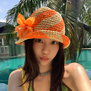 【橘子夏天】自制百合花镂空编织条纹草帽夏季海边度假很出片盆帽