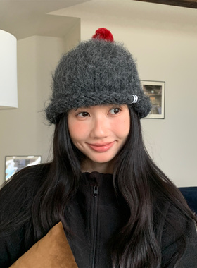 适合可爱甜妹的卷边啾啾针织帽女