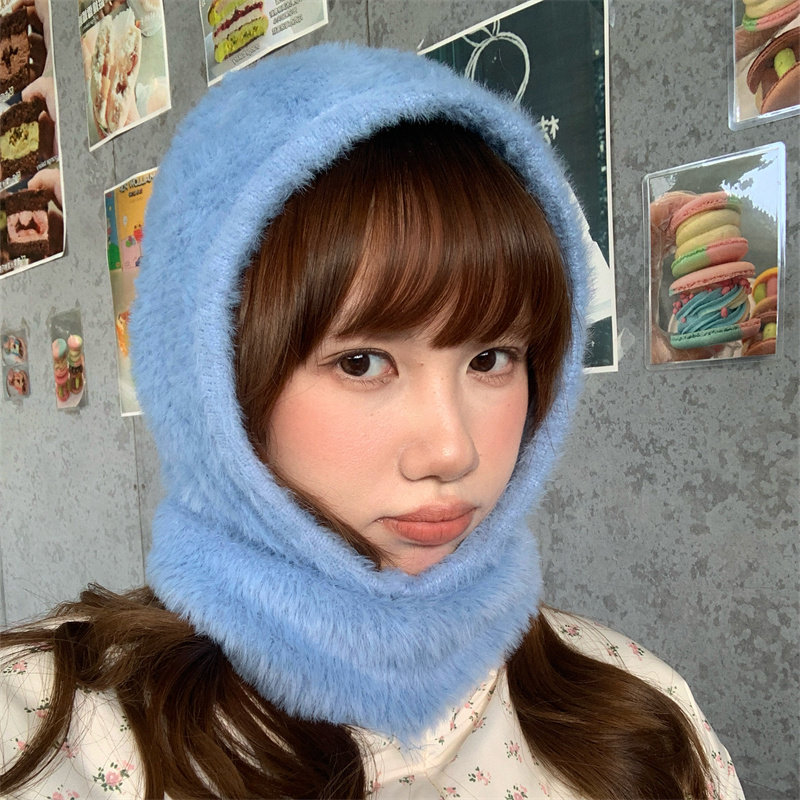【梦幻雾蓝】软糯亲肤仿貂毛巴拉克拉法帽秋冬保暖护耳围脖一体帽