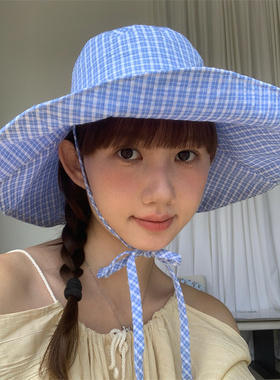 12cm大帽檐蓝色格子系带渔夫帽女