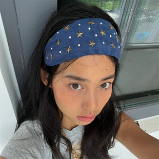 小星星 ins风涩谷辣妹柳钉发箍草编缝线宽边发饰波点压发头箍