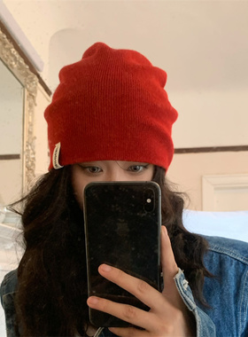 【时髦达人】网红博主bi入红色堆堆帽秋冬保暖双层针织帽套头冷帽