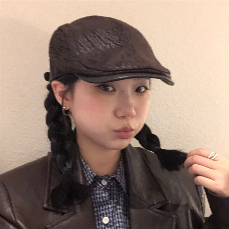 秋冬好搭配古着皮质前进帽加绒款图片
