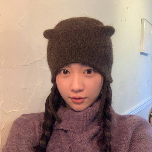 可爱猫耳朵小辫子针织帽毛线帽女