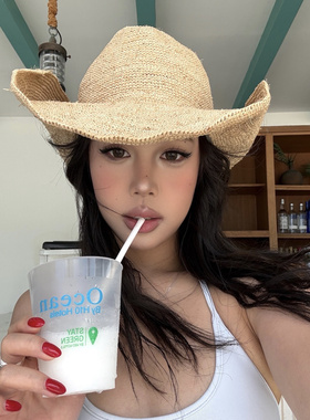 网红款大帽檐爵士帽顶拉菲草草帽