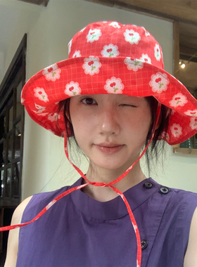 【红了樱桃】夏季出片红色花朵渔夫帽可爱小樱桃大帽檐遮阳盆帽女