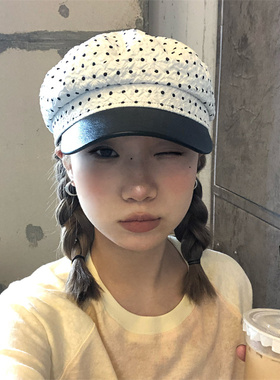 复古波点拼接pu皮质八角帽海军帽