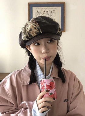 复古提花小狗皮质显脸小八角帽潮