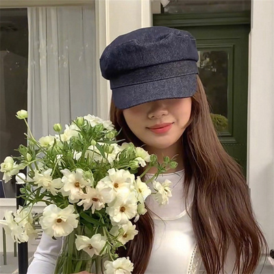 好版型韩女光板深牛仔平顶八角帽