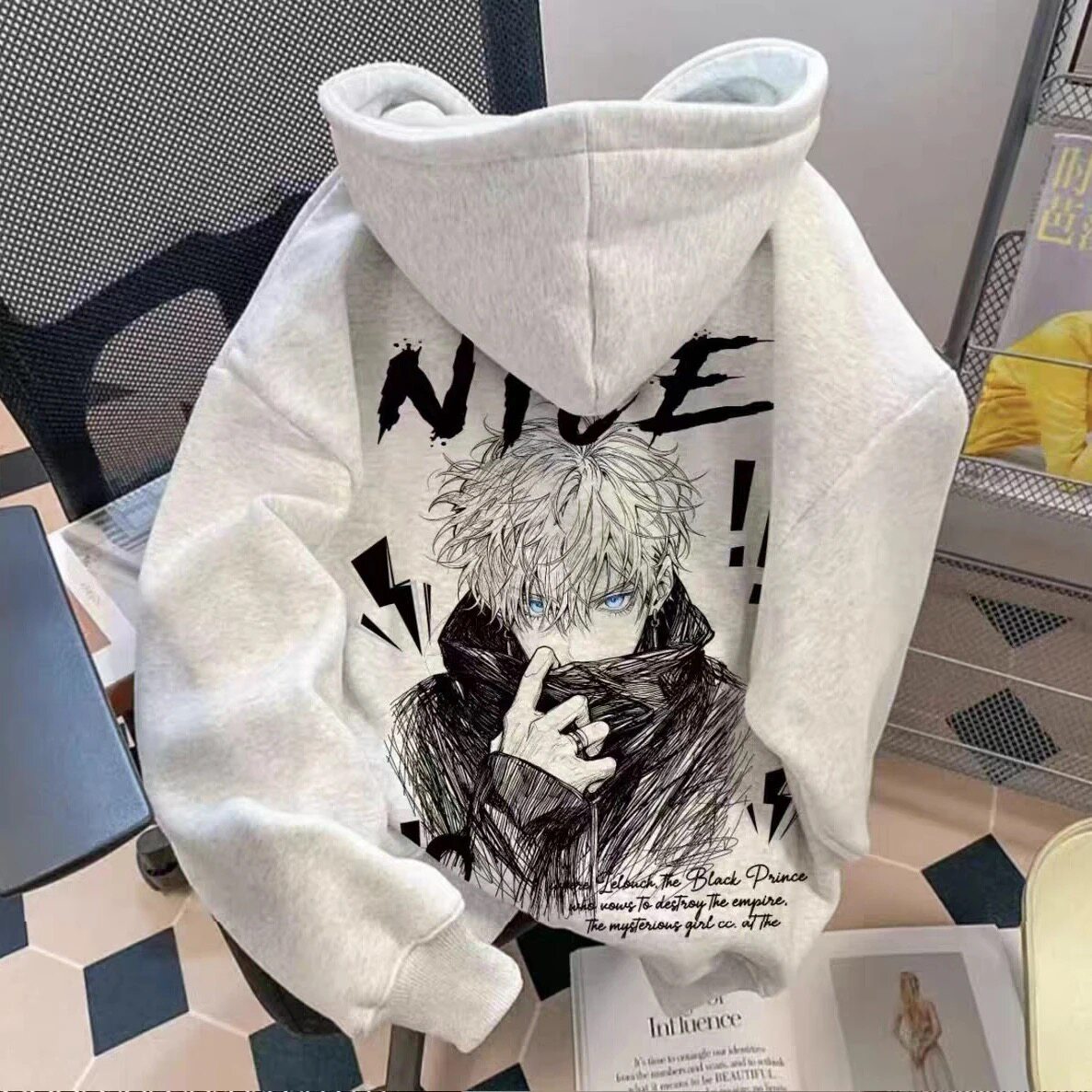 动漫二次元手绘五条悟印花连帽卫衣男女童同款春秋款宽松型外套衫