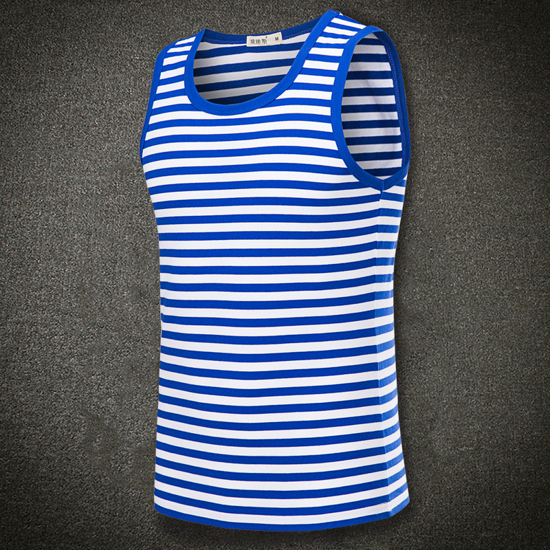 男士背心纯棉海魂衫运动健身蓝白条纹紧身无袖打底衫汗衫夏季外穿