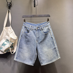 五分牛仔裤 子5分中裤 女款 宽松直筒阔腿浅蓝色裤 小个子马裤 薄款