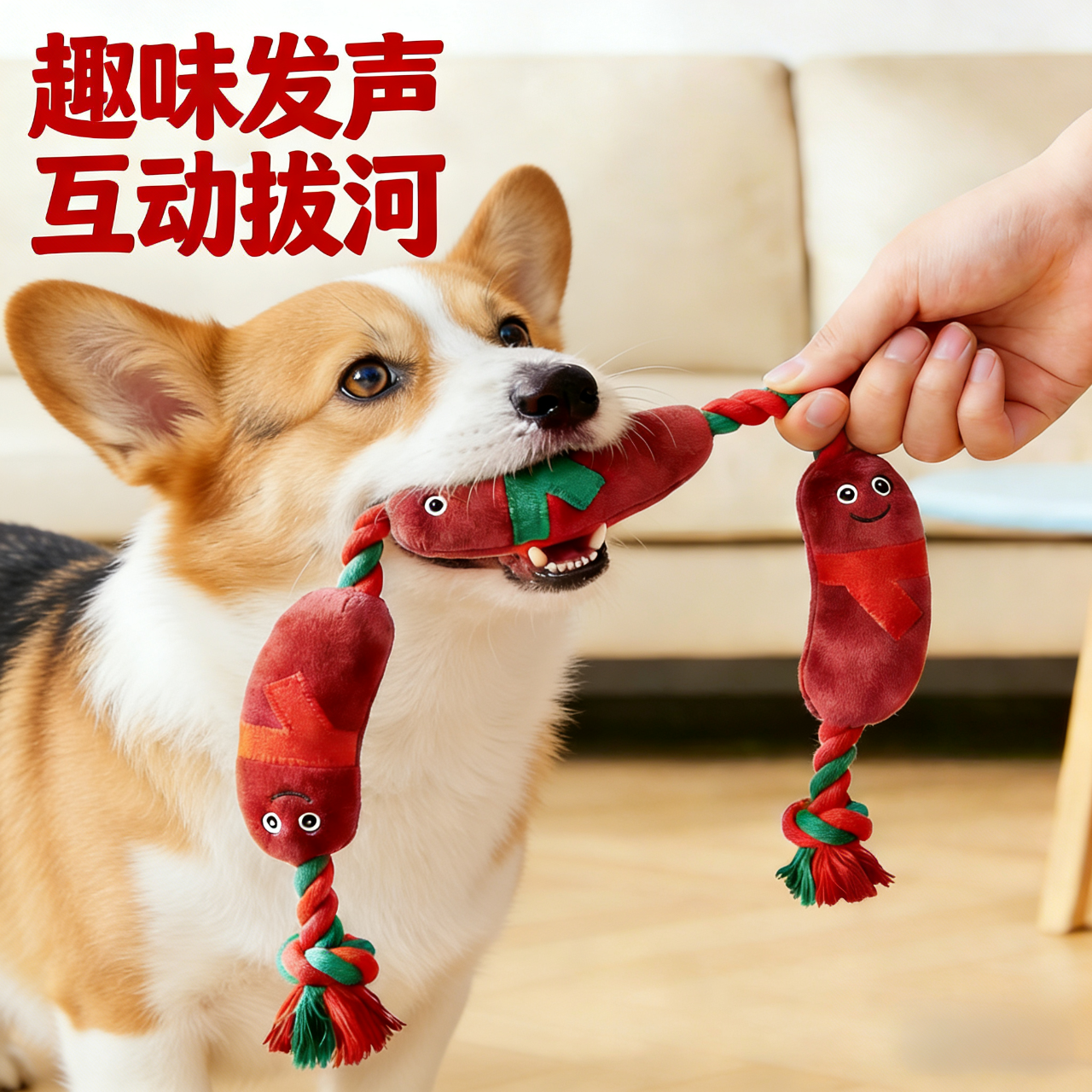 腊肠狗玩具发声耐咬磨牙自嗨解闷柯基比熊泰迪小狗拔河绳结狗咬绳