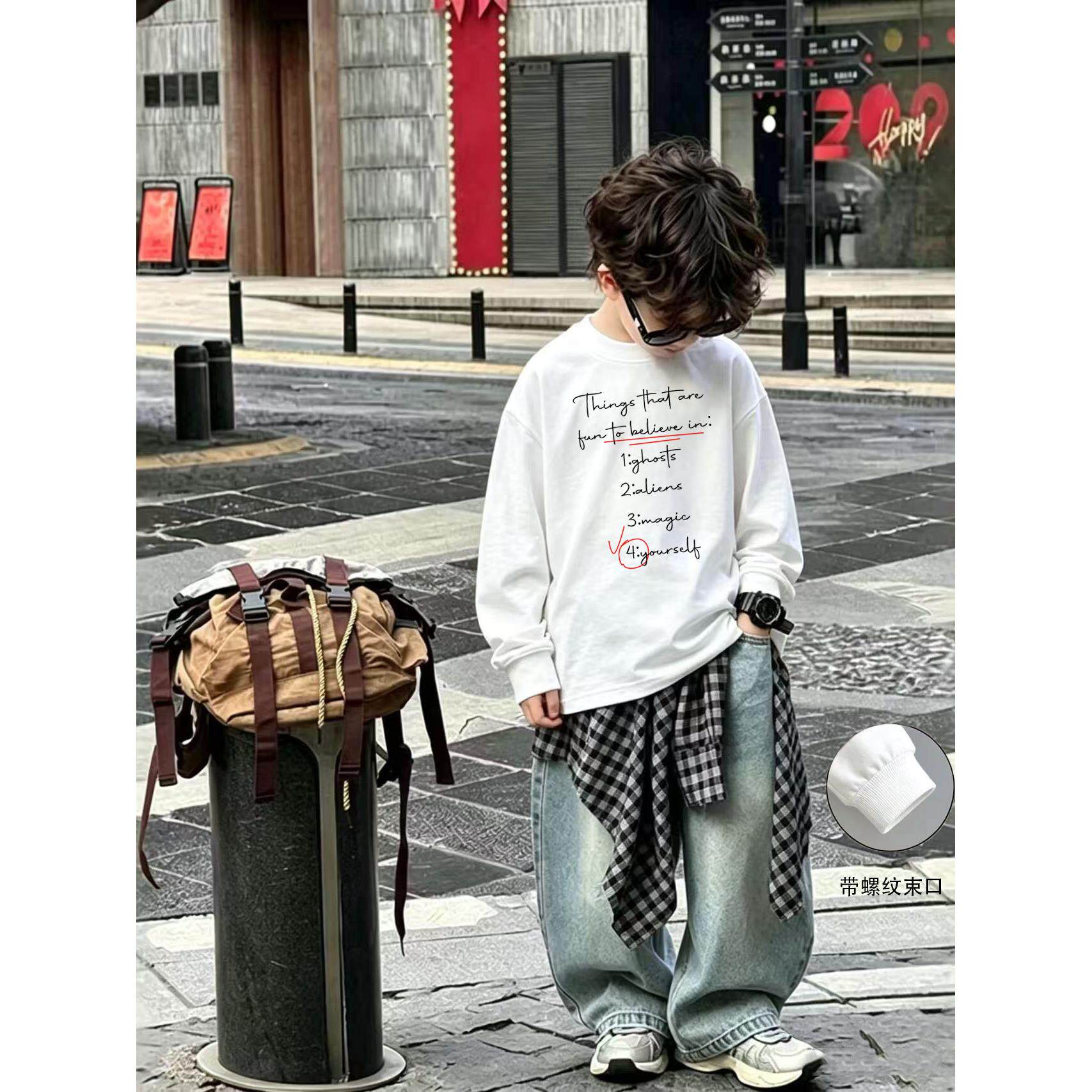 男女童纯棉字母印花长袖打底衫