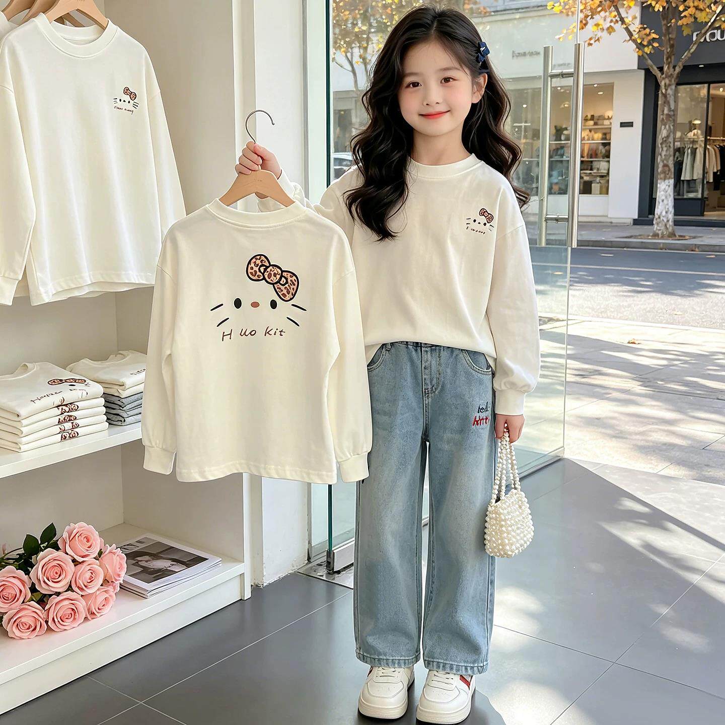 女童春秋长袖猫咪打底T恤