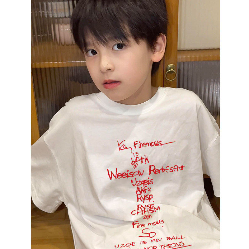 时尚设计字母印花男童短袖T恤纯棉夏季新款中大童男孩白色上衣服