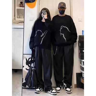 情侣装对视猫黑色圆领卫衣