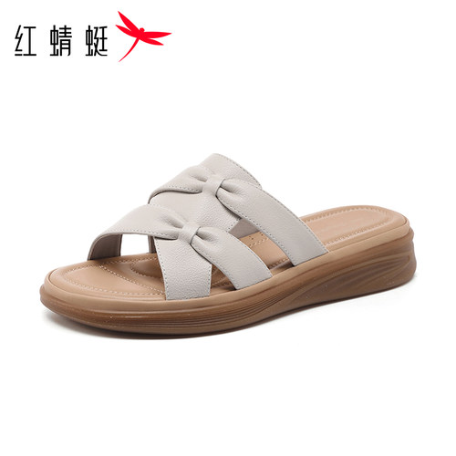 红蜻蜓品牌头层牛皮妈妈拖鞋女