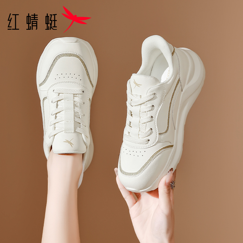 红蜻蜓闪穿皮面厚底小白鞋女增高