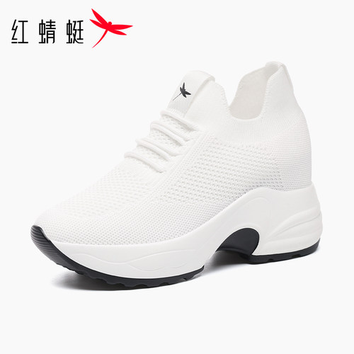 红蜻蜓运动休闲飞织网面增高女鞋