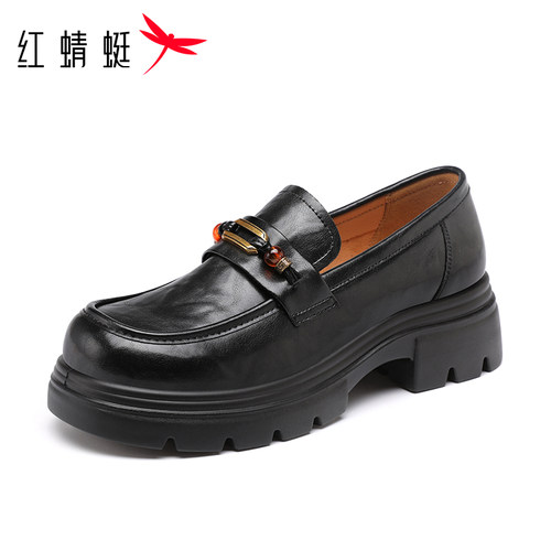 红蜻蜓厚底真皮乐福鞋女软皮舒适