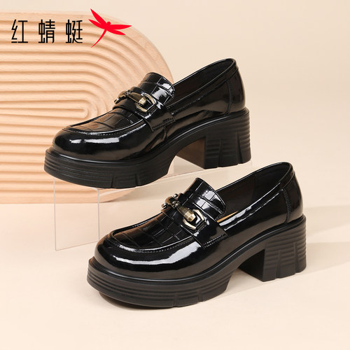 红蜻蜓粗跟增高女鞋亮皮乐福鞋软