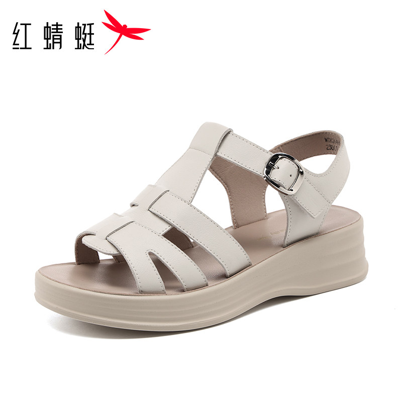 红蜻蜓女凉鞋头层牛皮真皮罗马女凉鞋厚底轻便妈妈凉鞋百搭时尚软