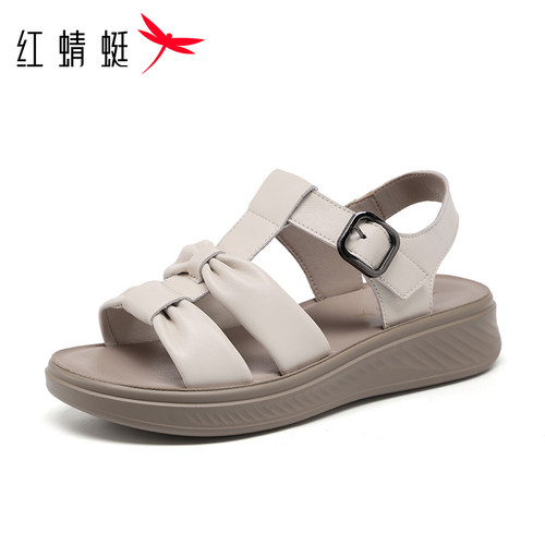 红蜻蜓纯羊皮妈妈女凉鞋厚底软底