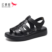 头层牛皮软面软底平跟面镂空复古女罗马女士凉鞋 红蜻蜓新款 夏季 轻