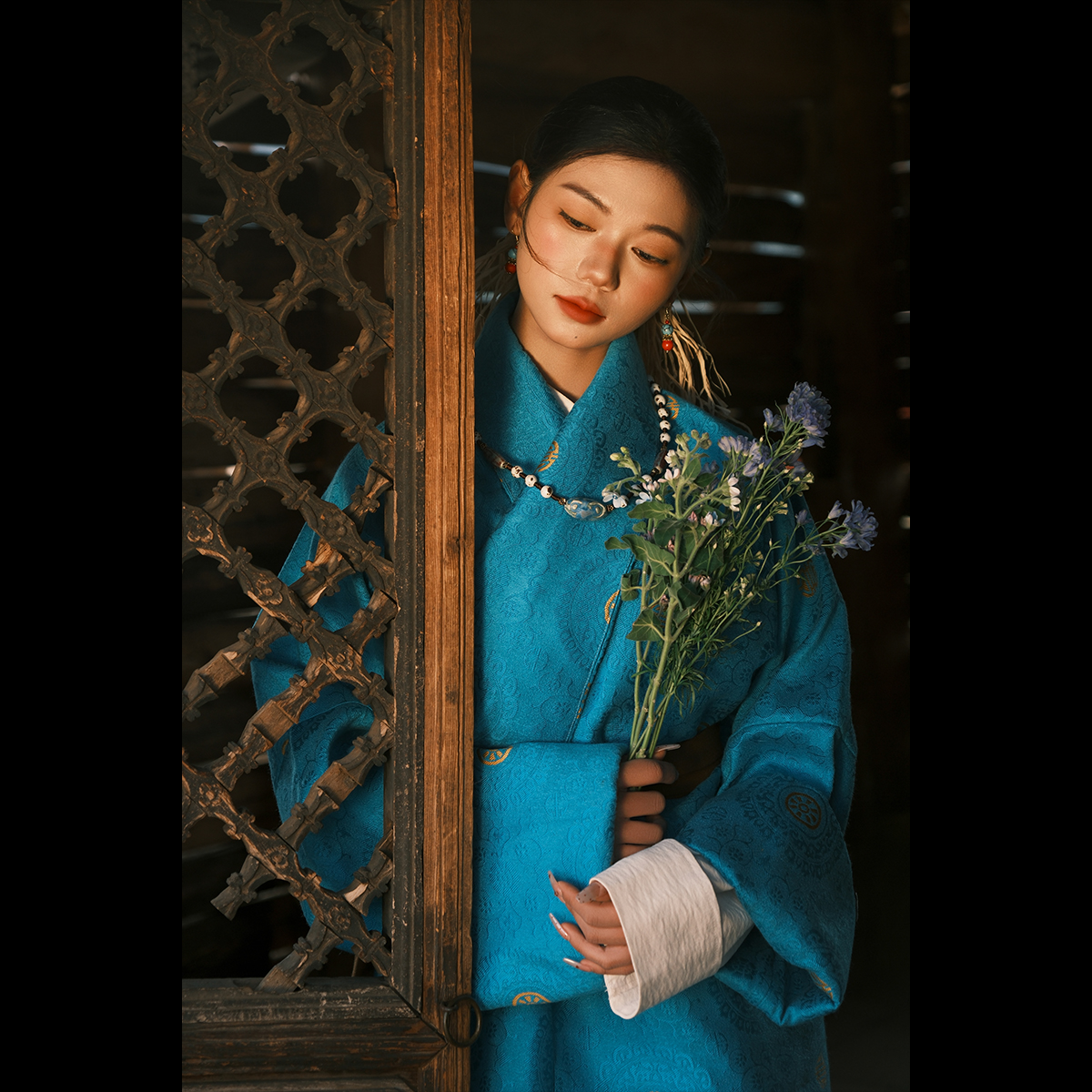 孔雀翎羽的华彩 古典美学 暗纹绣花织锦藏袍女 藏族服装藏服