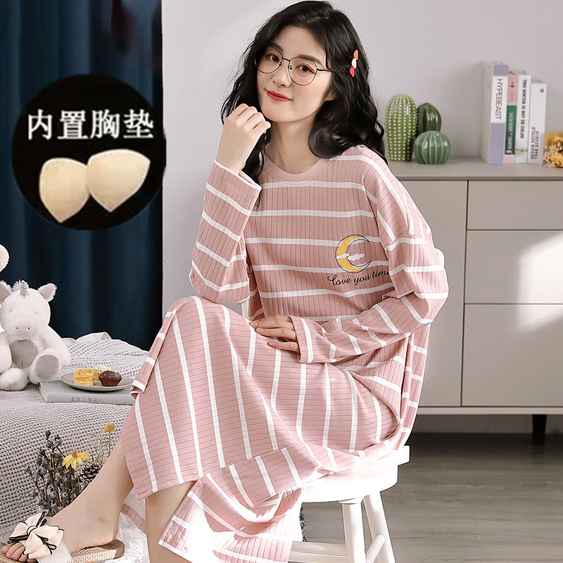 春秋季甜美带胸垫长袖睡裙