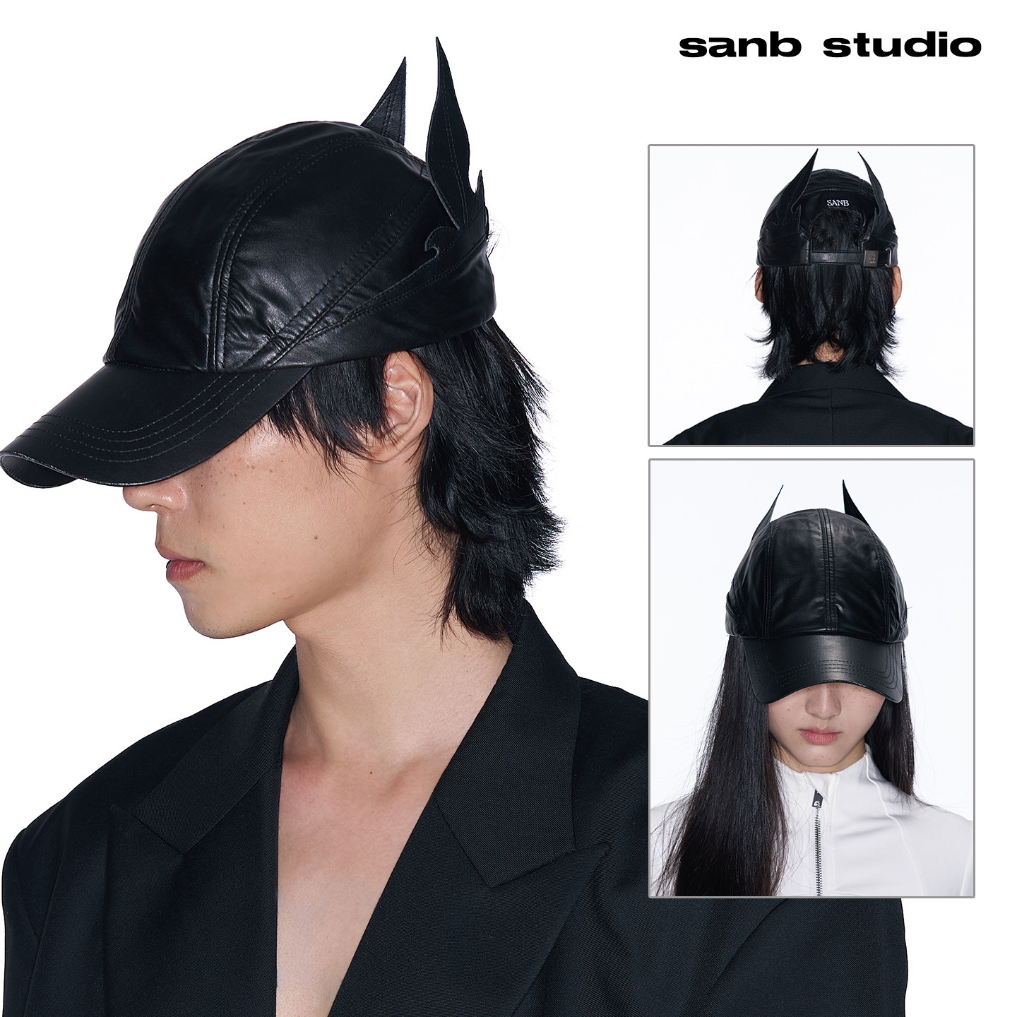 SANB 皮帽棒球帽男女同款技能简约韩系暗黑小众街头帽拼接蝴蝶黑