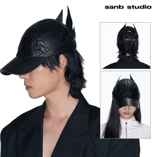 SANB 皮帽棒球帽男女同款技能简约韩系暗黑小众街头帽拼接蝴蝶黑
