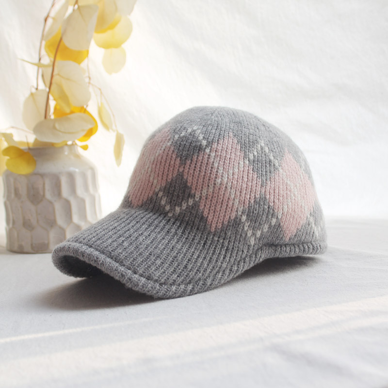 韩国进口羊毛撞色格纹毛线鸭舌帽