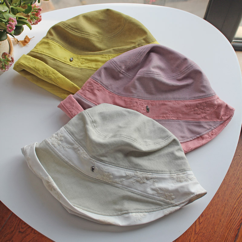 韩国进口棉麻花朵刺绣卷边遮阳帽子女夏天户外防晒淑女出游太阳帽