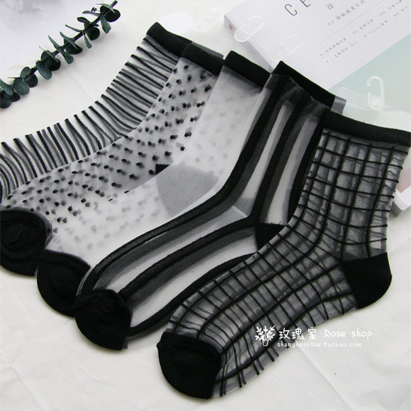 日系简约复古黑白色玻璃丝水晶女袜春夏超薄透明个性格子条纹袜子