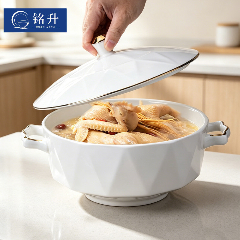 景德镇高颜值2026新款纯白骨瓷陶瓷汤煲大容量家用简约轻奢大汤锅