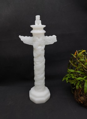 天然白玉华表摆件石雕龙柱文化柱盘龙柱公司办公室风水摆件装饰品