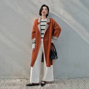 外套 秋冬新款 100%纯山羊绒女士翻领大衣时尚 气质简约休闲风针织衫