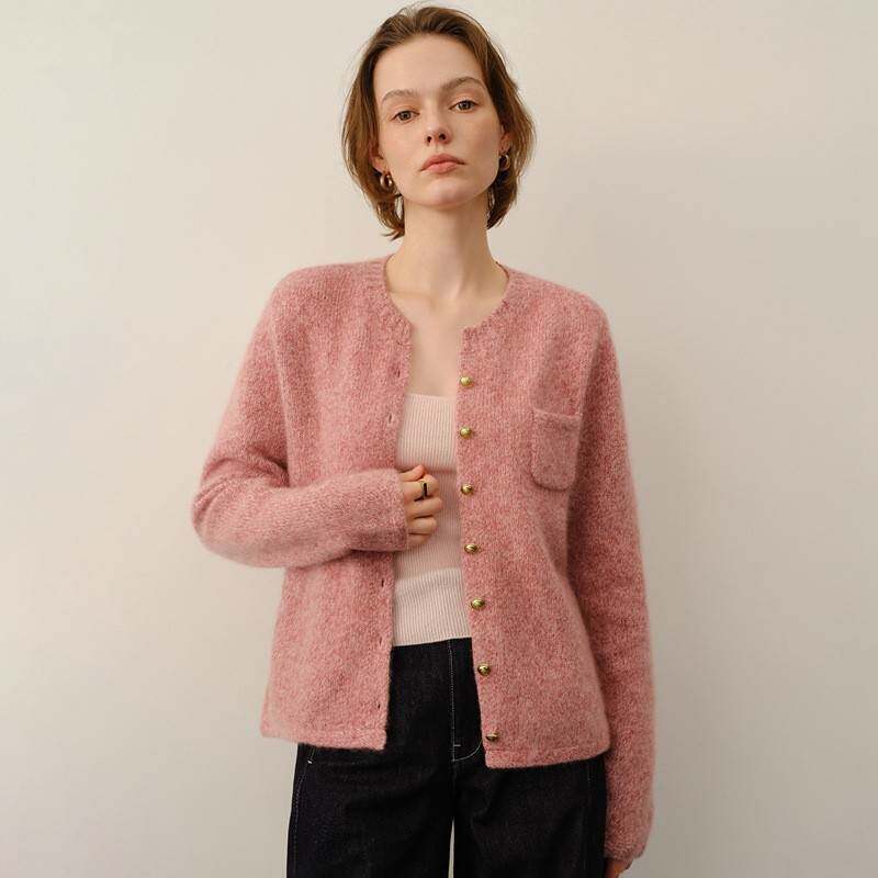 100%纯山羊绒女士圆领小香风康宝莱花咖小绒毯针织开衫温柔风外套