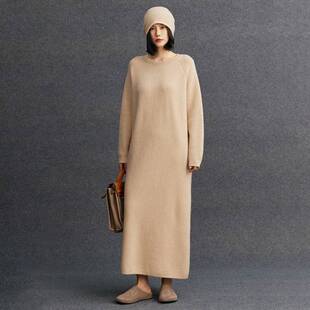 山羊绒女士圆领宽松休闲慵懒风长裙连衣裙秋冬季新款时尚气质裙子
