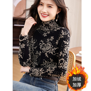 女洋气上衣小衫 薄款 内搭打底衫 网纱高领长袖 加绒加厚秋冬新款