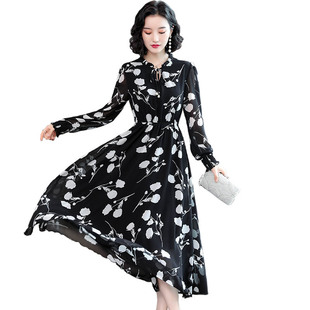 妈妈气质大码 长袖 雪纺连衣裙女秋装 2020新款 收腰显瘦碎花裙 中长款