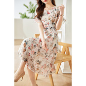 夏季 裙子 洋气过膝长裙收腰显瘦大码 短袖 雪纺碎花连衣裙女2025新款