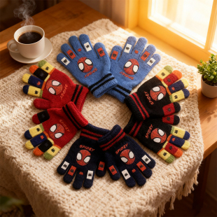 防寒保暖五指手套男女学生写字卡通 蜘蛛小孩冬季 儿童3 9岁正版