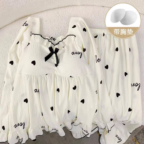 带胸垫睡衣女云朵棉春秋新款长袖长裤甜美公主风可外穿家居服套装