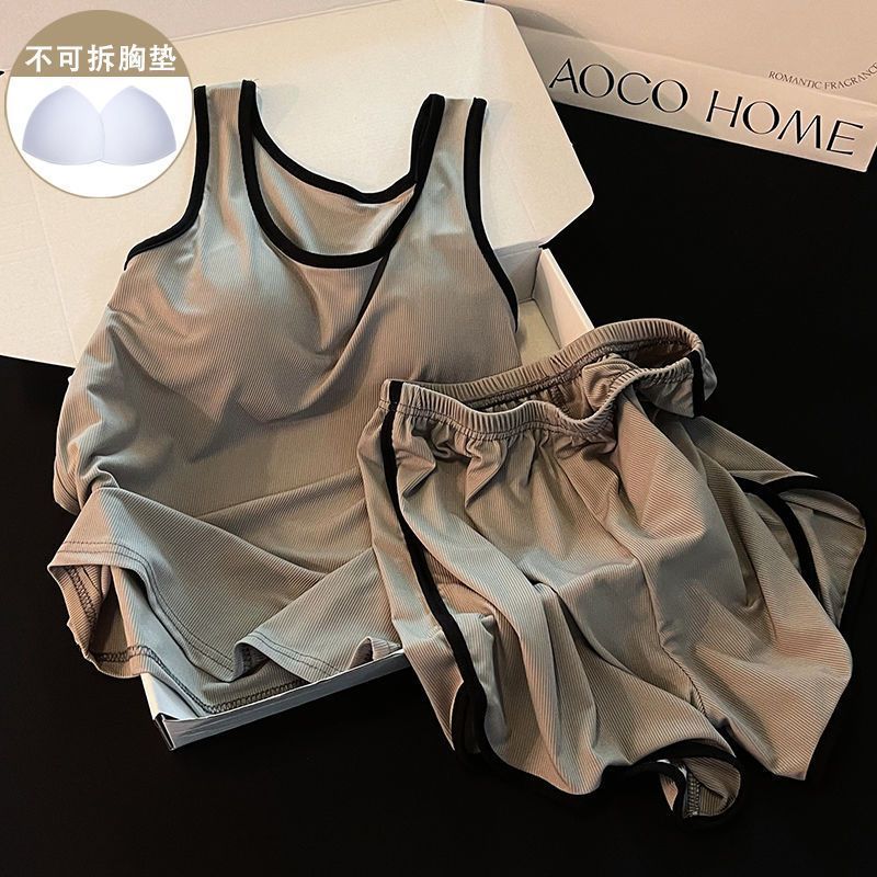 夏天睡衣女短袖背心带胸垫纯色简约小众高级2025家居服套装女生
