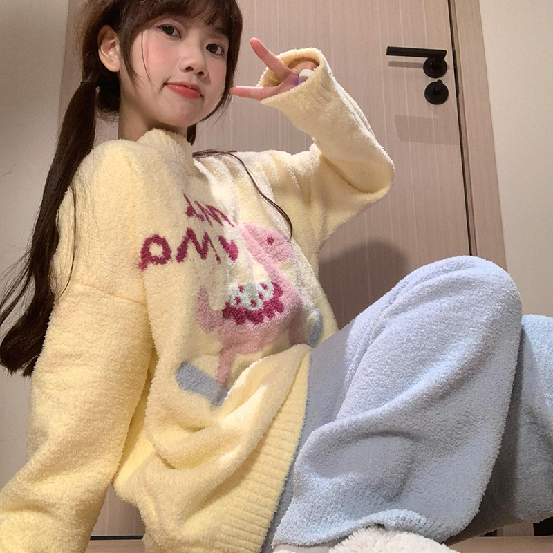 韩版卡通木马半边绒睡衣女秋冬学生可爱加厚保暖珊瑚绒家居服套装